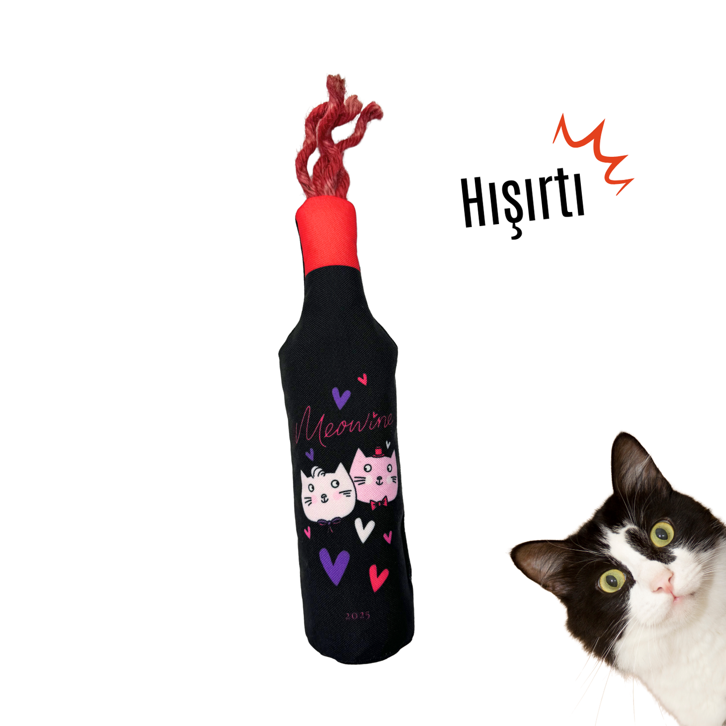 Miyav Love You Peluş Kedi Oyuncak Seti Hışırtılı Şarap, Mama Saklamalı Gül, Çıngıraklı Mektup