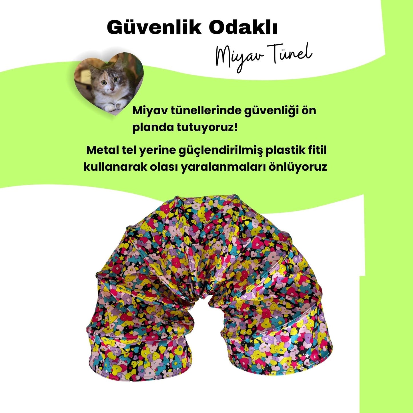Miyav Kalp Desenli Katlanabilir Uzun Kedi Tüneli 125 Cm