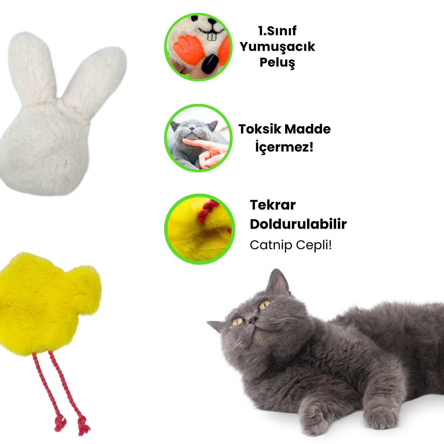 Sevimli Dostlar Kedi Oyuncak Seti Catnipli Peluş Civciv ve Sesli Peluş Tavşan