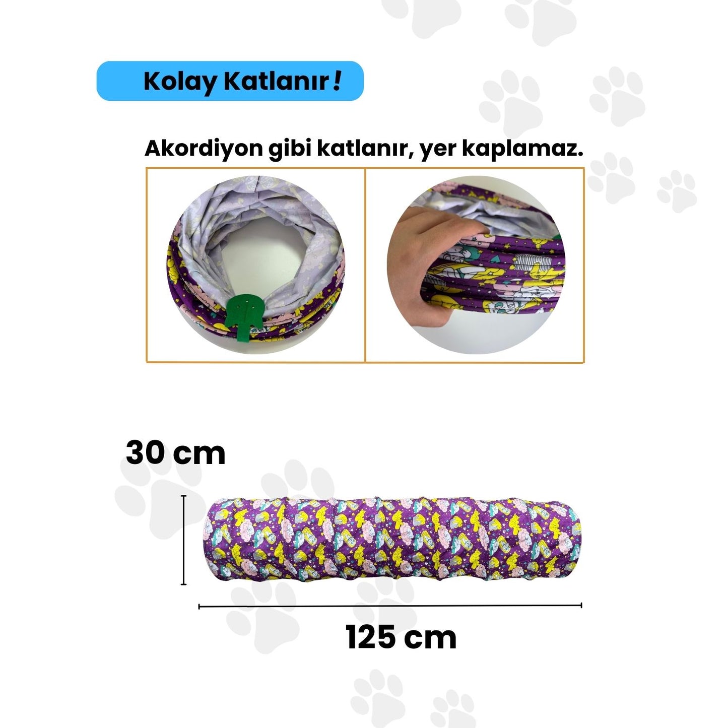 Miyav Mor Renkli Ve Desenli Katlanabilir Uzun Kedi Tüneli 125 Cm
