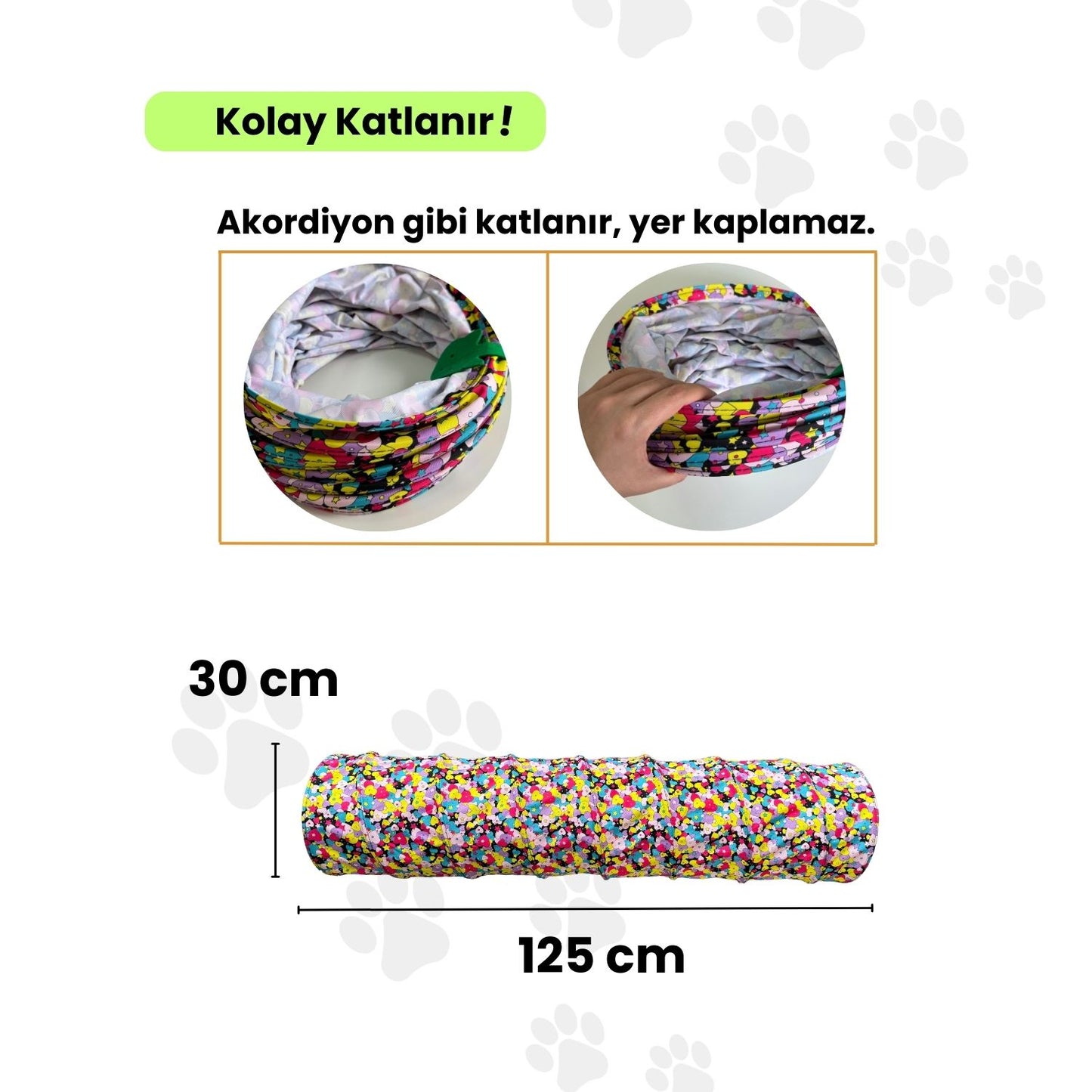Miyav Kalp Desenli Katlanabilir Uzun Kedi Tüneli 125 Cm