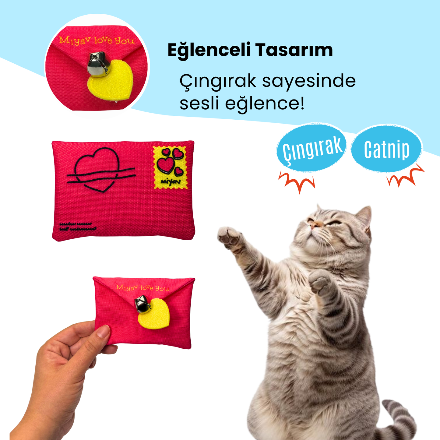 Miyav Love You Peluş Kedi Oyuncak Seti Hışırtılı Şarap, Mama Saklamalı Gül, Çıngıraklı Mektup