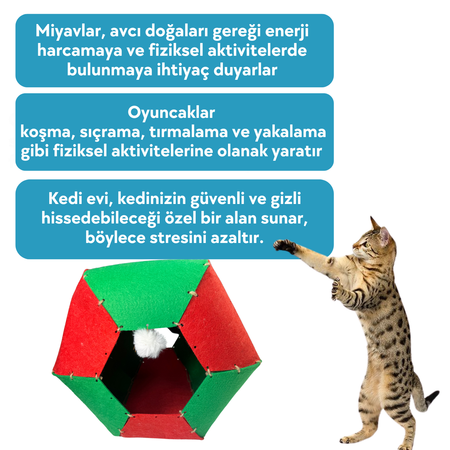 Miyav Yılbaşı Temalı Kedi Oyuncak Seti Kedi Evi, Hışırtılı Kurabiye, Ponponlu Terlik ve Çıngıraklı Baston Şeker