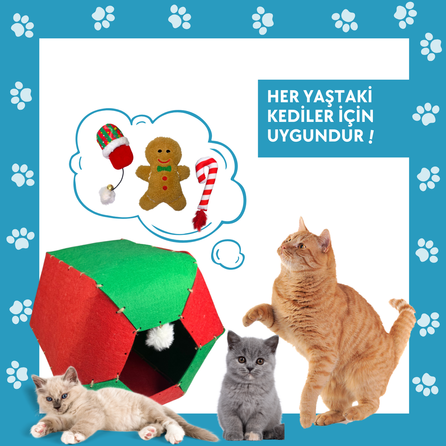 Miyav Yılbaşı Temalı Kedi Oyuncak Seti Kedi Evi, Hışırtılı Kurabiye, Ponponlu Terlik ve Çıngıraklı Baston Şeker