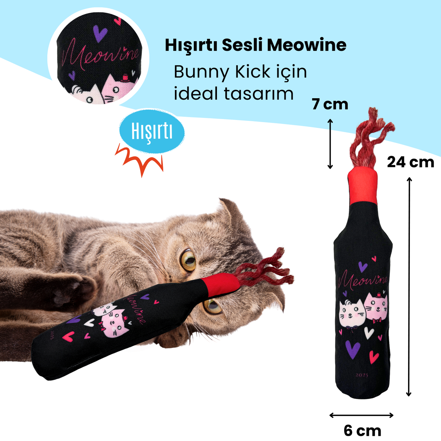 Miyav Love You Peluş Kedi Oyuncak Seti Hışırtılı Şarap, Mama Saklamalı Gül, Çıngıraklı Mektup