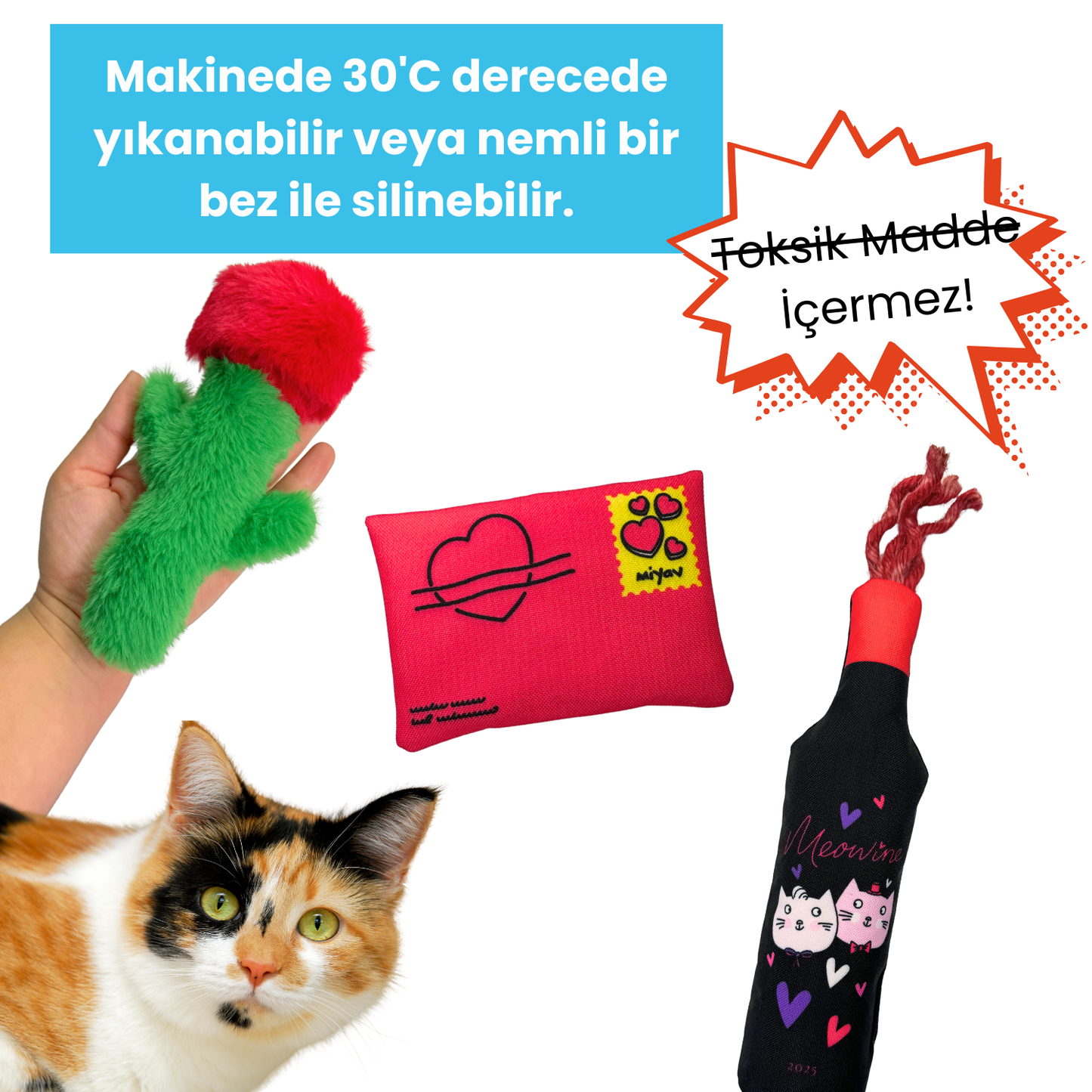 Miyav Love You Peluş Kedi Oyuncak Seti Hışırtılı Şarap, Mama Saklamalı Gül, Çıngıraklı Mektup