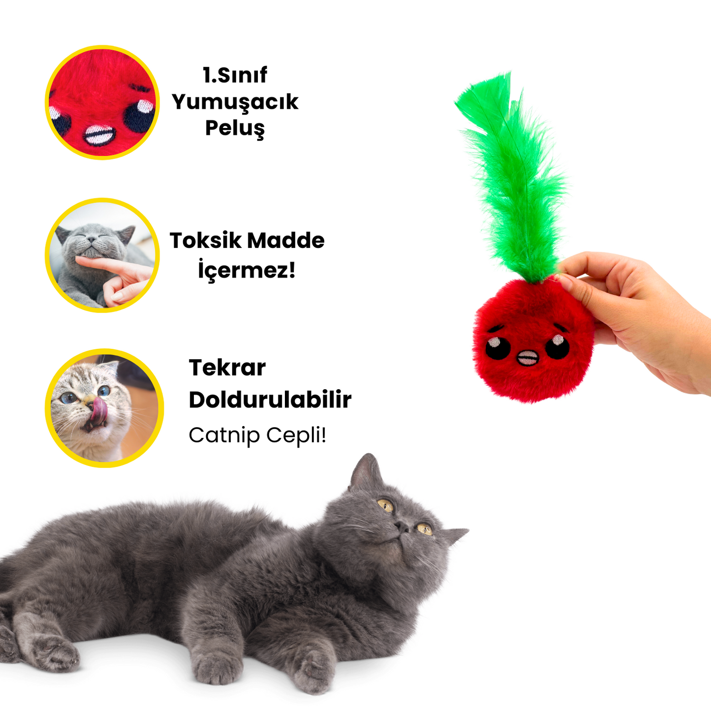 Catnip Cepli Elma Peluş Kedi Oyuncağı ve 2 Adet Catnip Paketi