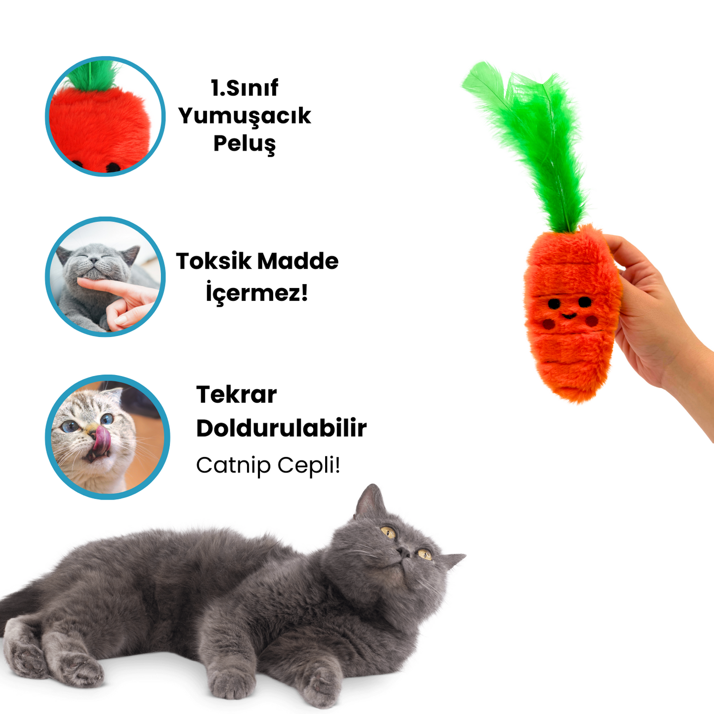 Catnip Cepli Havuç Peluş Kedi Oyuncağı ve 2 Adet Catnip Paketi