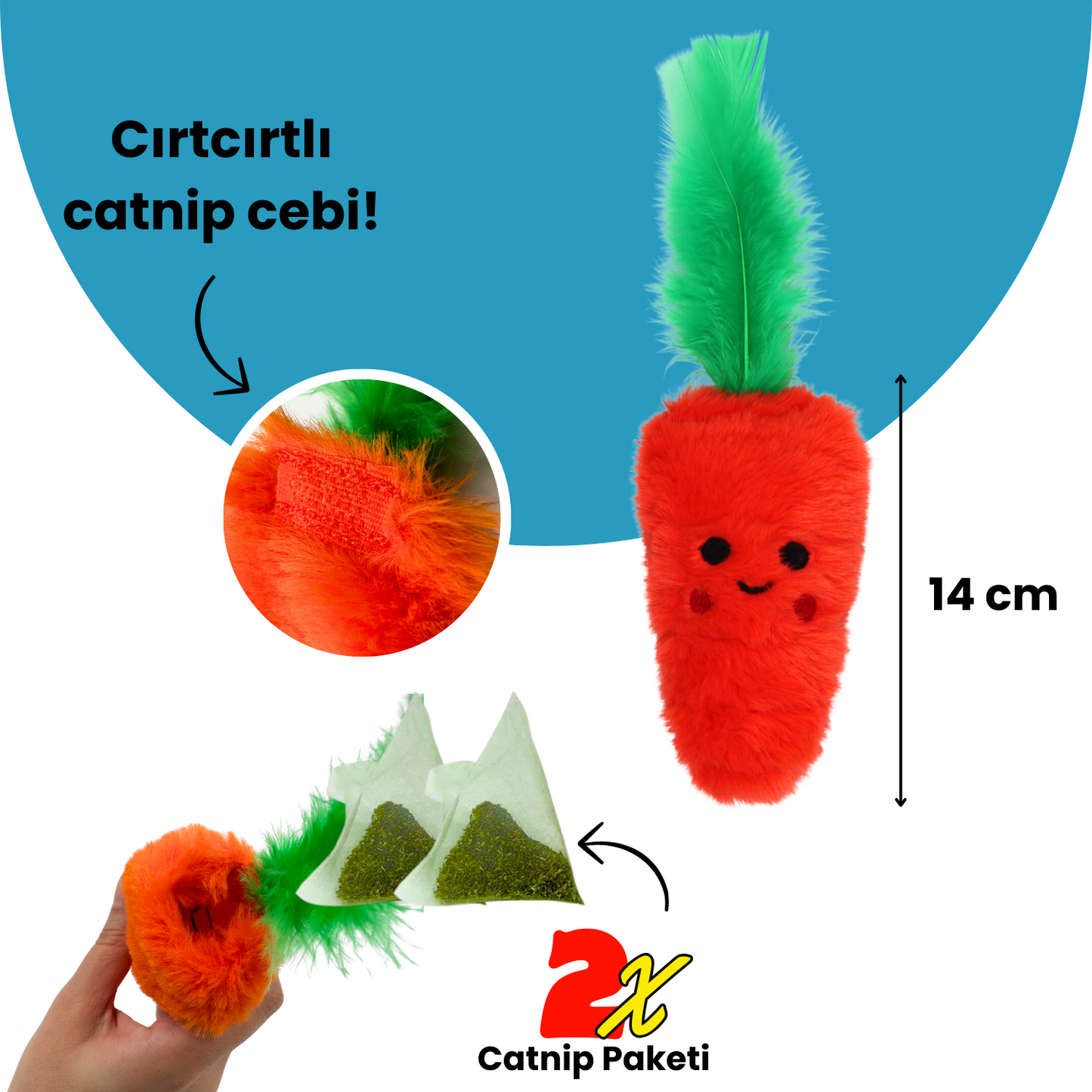 Catnip Cepli Havuç Peluş Kedi Oyuncağı ve 2 Adet Catnip Paketi