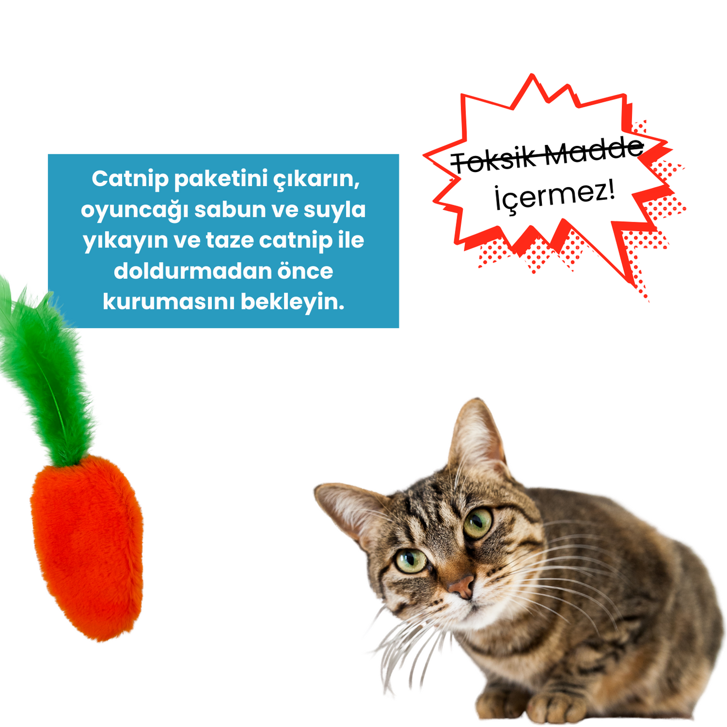 Catnip Cepli Havuç Peluş Kedi Oyuncağı ve 2 Adet Catnip Paketi