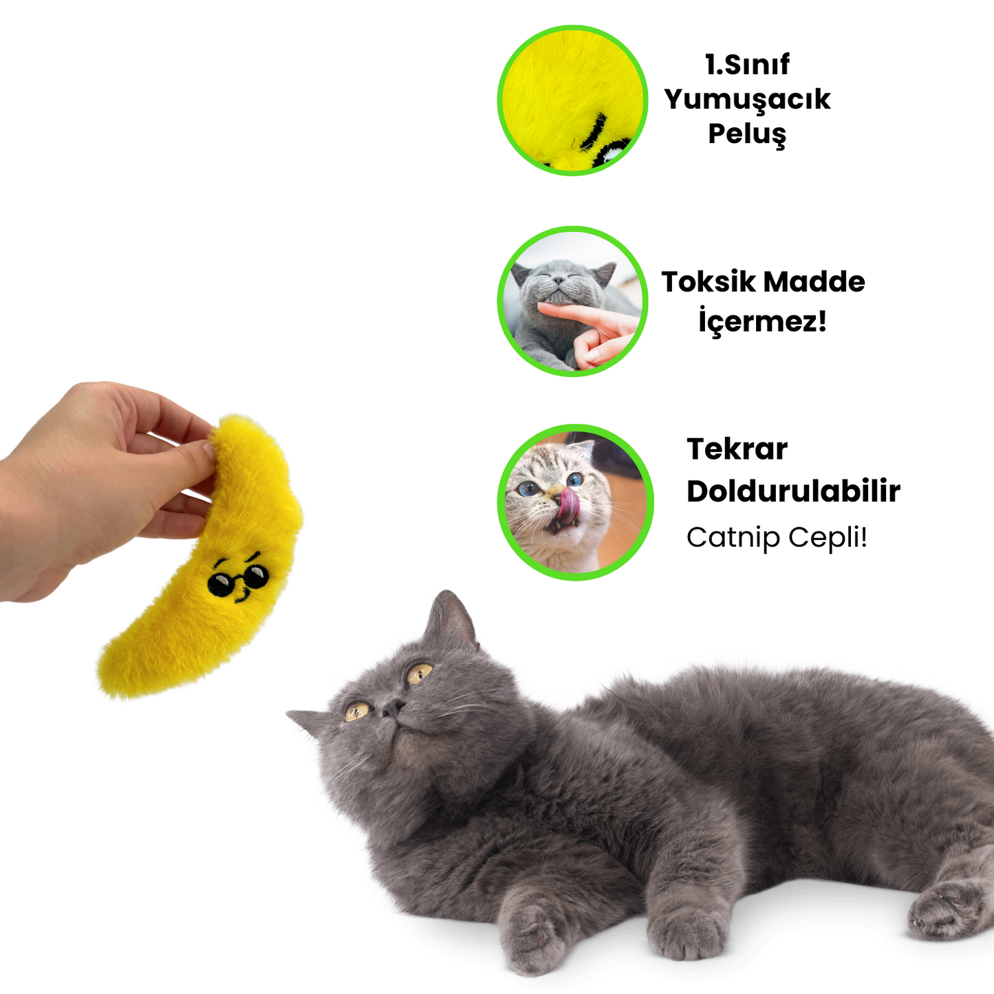 Catnip Cepli Muz Peluş Kedi Oyuncağı ve 2 Adet Catnip Paketi