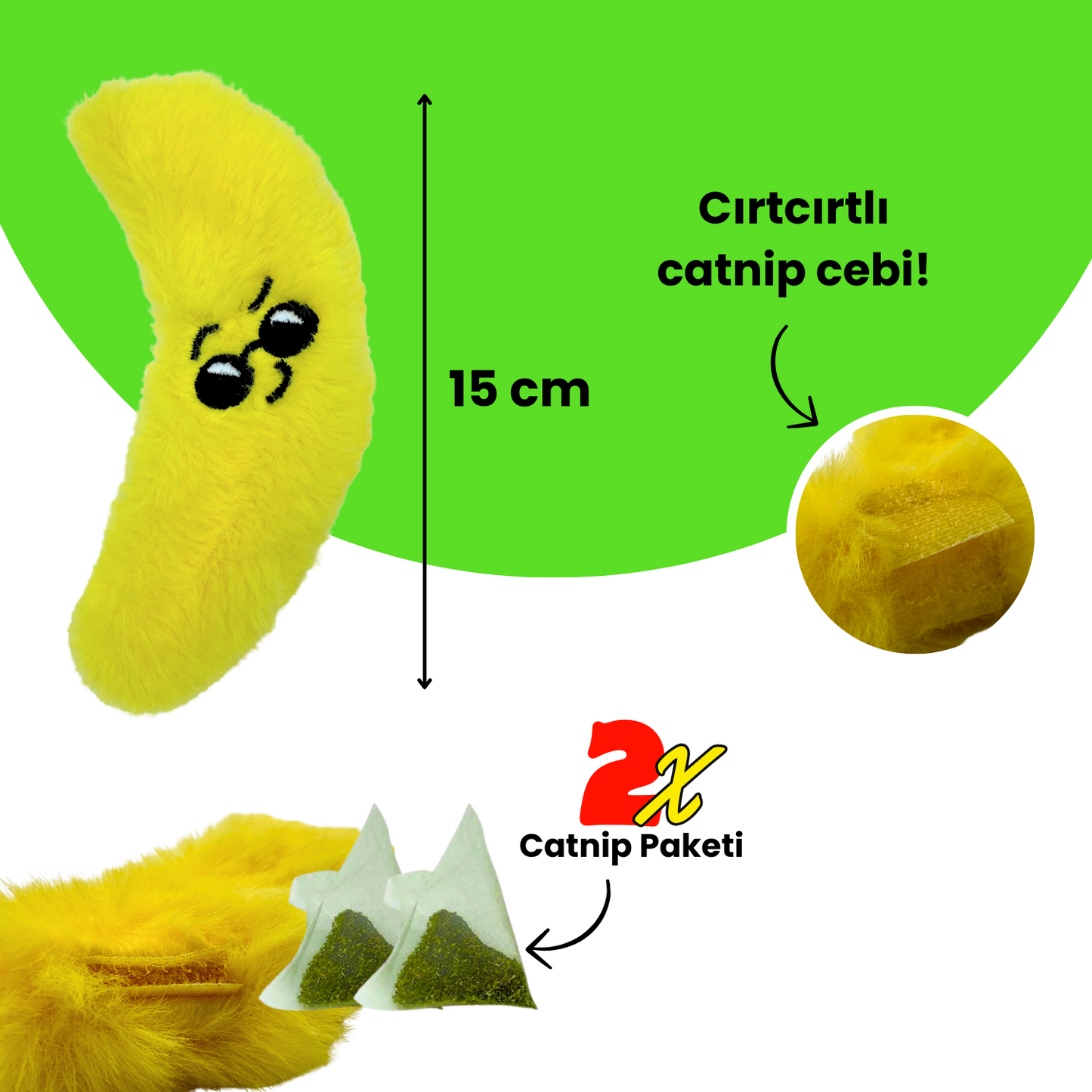 Catnip Cepli Muz Peluş Kedi Oyuncağı ve 2 Adet Catnip Paketi