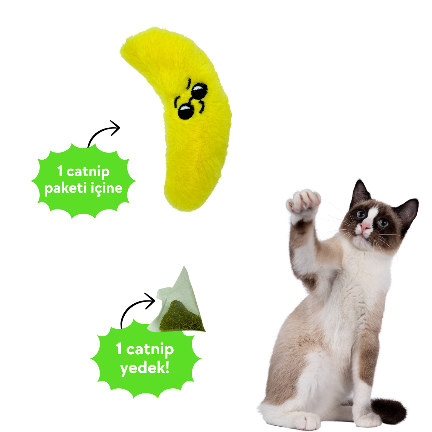 Catnip Cepli Muz Peluş Kedi Oyuncağı ve 2 Adet Catnip Paketi