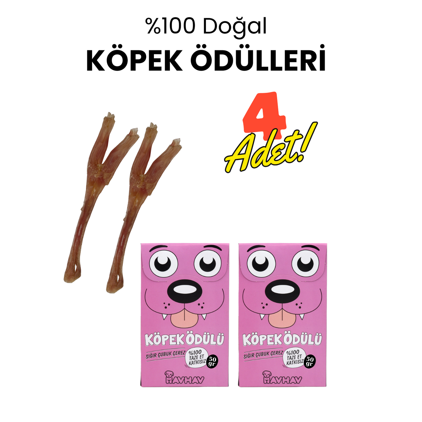 2 Adet Sığır Çerez Köpek Ödül Maması ve 2 Adet Sığır Tendon Çiğneme Çubuğu