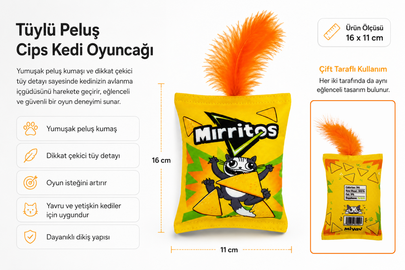 Mirritos Tüylü Kedi Oyuncağı Cips Sarı