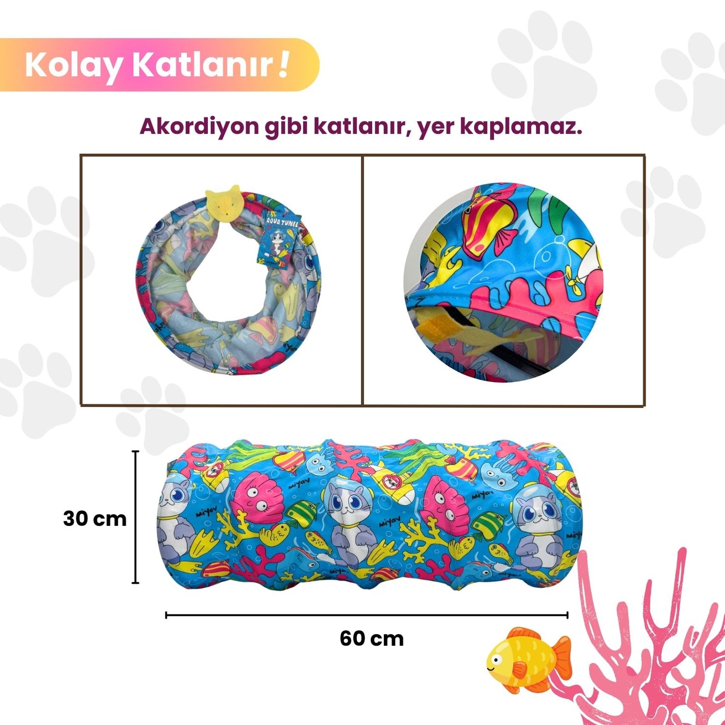 Aqua Temalı Kedi Tüneli 60 Cm Oxford Kumaşlı Dayanıklı Oyun Tüneli