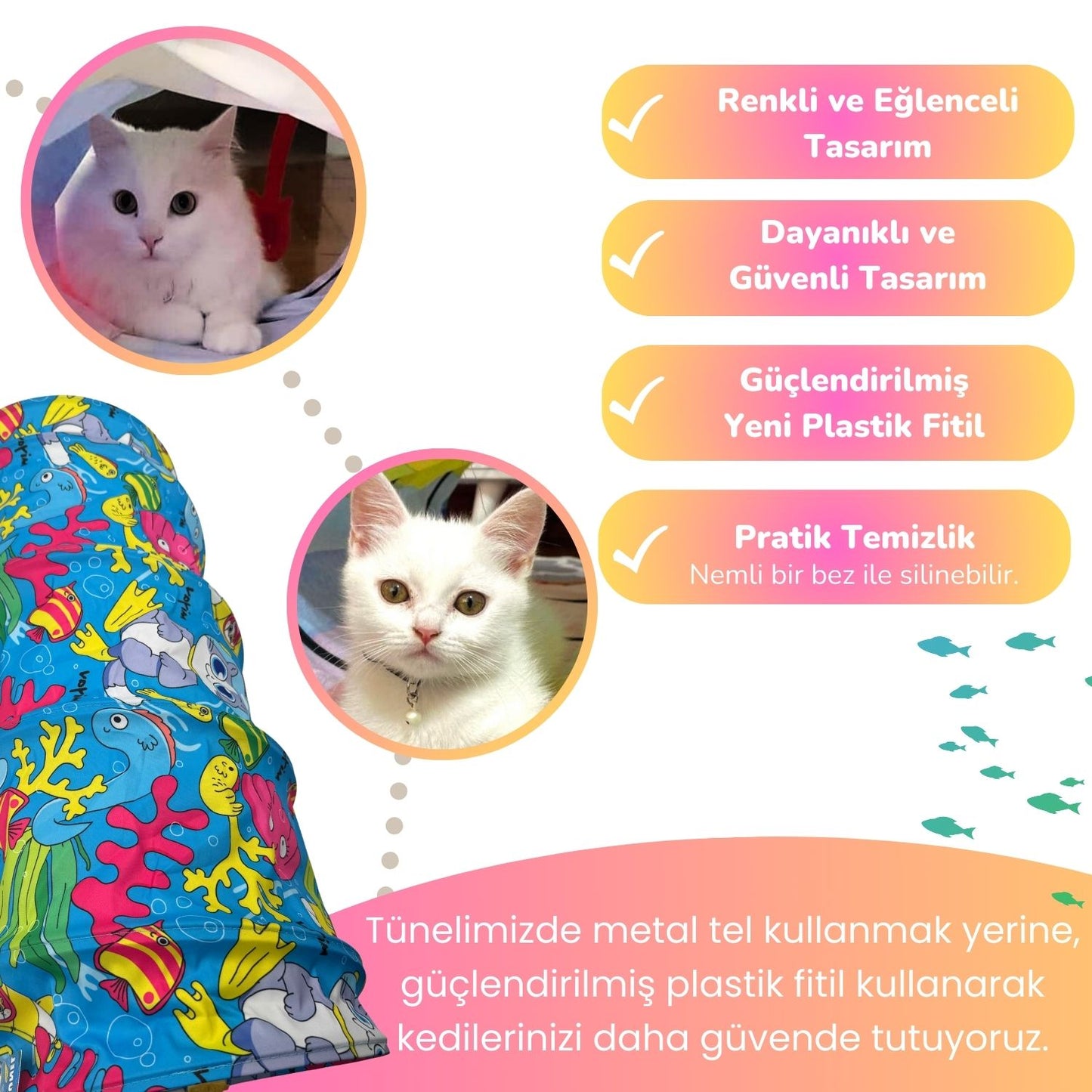 Aqua Temalı Kedi Tüneli 60 Cm Oxford Kumaşlı Dayanıklı Oyun Tüneli