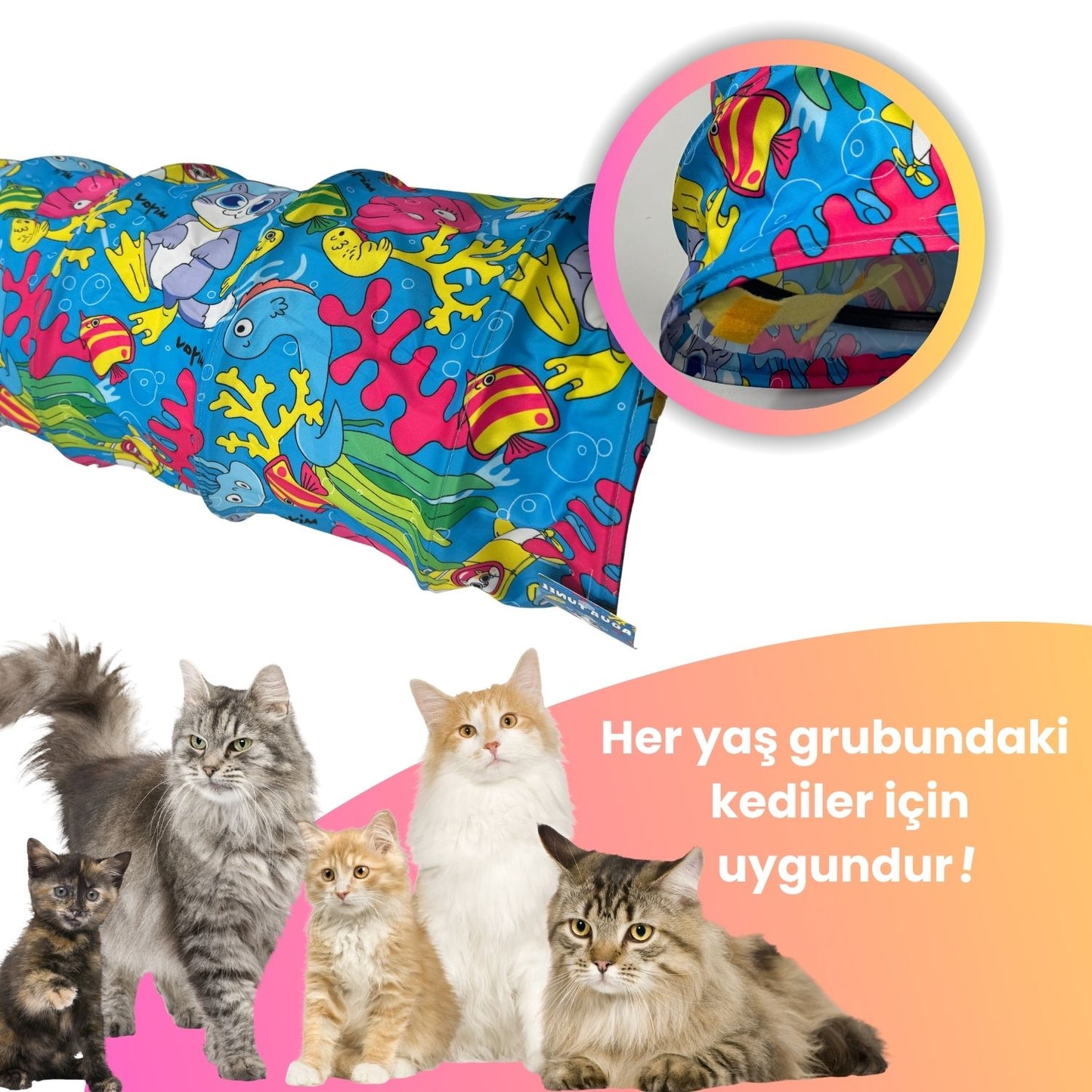 Aqua Temalı Kedi Tüneli 60 Cm Oxford Kumaşlı Dayanıklı Oyun Tüneli