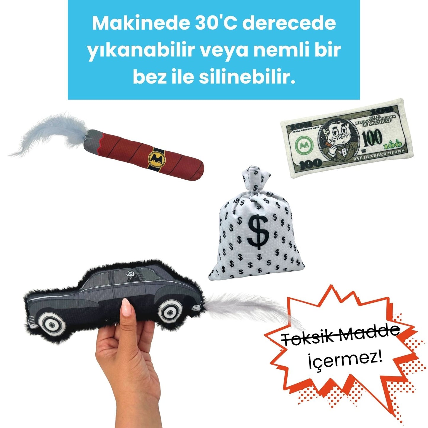 Mafyatik Miyavlar 4’lü Kedi Oyuncak Seti – Araba, Puro, Dolar, Para Çuvalı