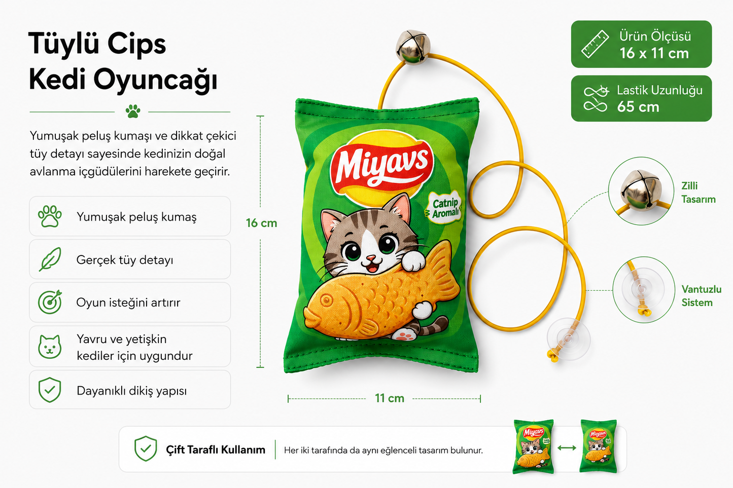 Miyavs Peluş Cips Kedi Oyuncağı Asmalı Lastilki Kedi Oyun Oltası