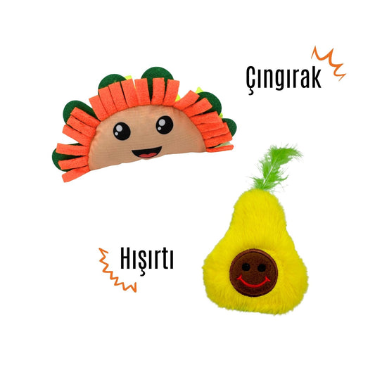 Miyav Meksika Temalı Kedi Oyuncak Seti | Hışırtılı Kaktüs Tırmalama, Çıngıraklı Taco ve Hışırtılı Avokado