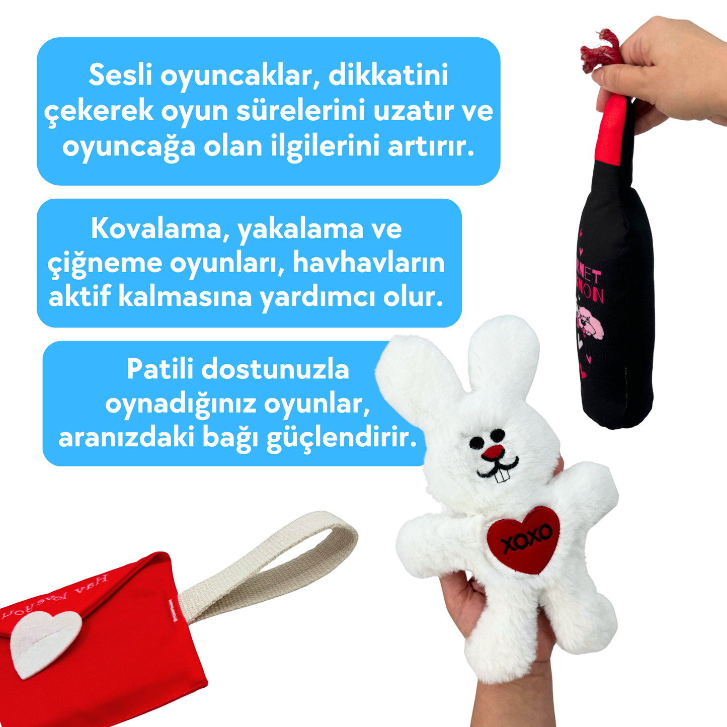 Hav Love You Peluş Köpek Oyuncak Seti Vikvikli Şarap, Hışırtılı Tavşan, Çekiştimeli Mektup