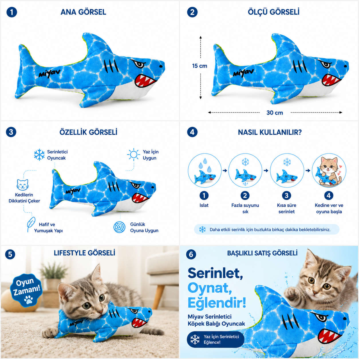 Serinletici 3’lü Kedi Oyuncak Seti – Köpek Balığı, Tüylü Istakoz ve Renkli Balık - Islat, Sık, Dondur