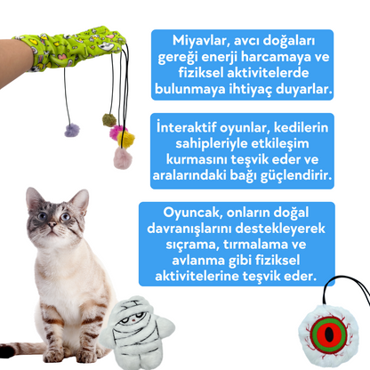 Kedi Aktivite Oyuncak Seti: Ponponlu Sihirli Eldiven, Lastikli Oyun Oltası Ve Peluş Mumya