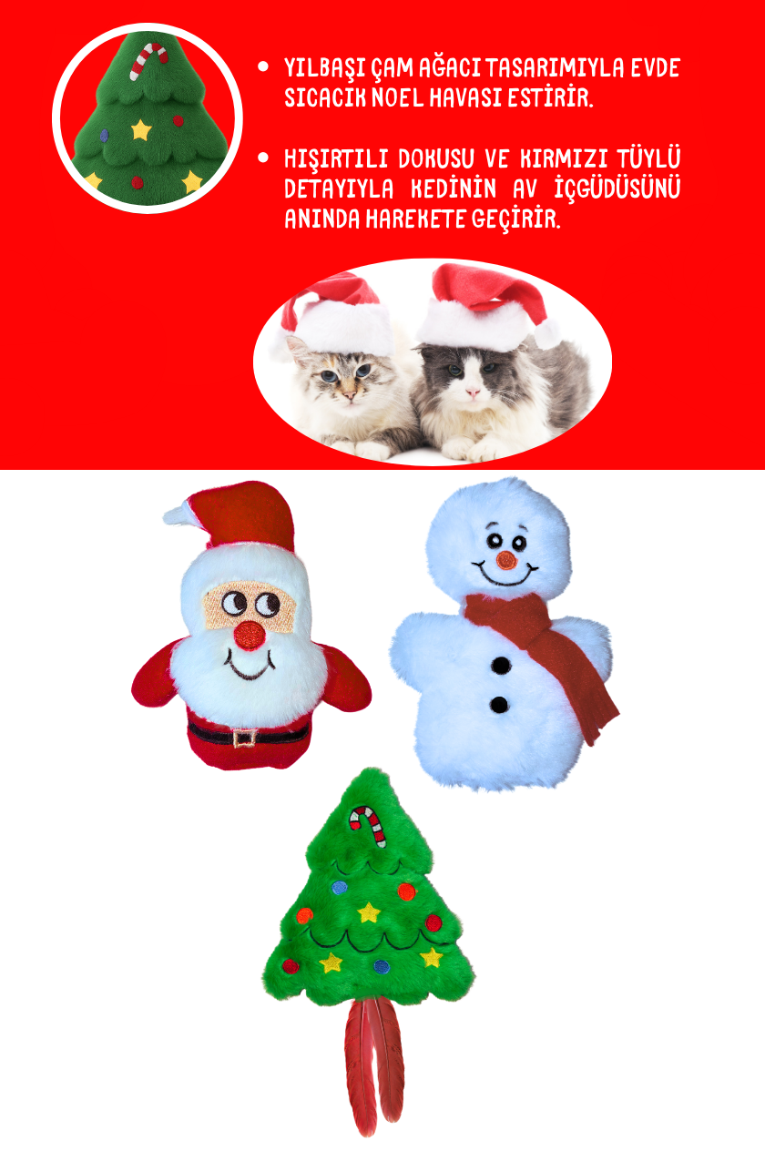 Yılbaşı 3’lü Kedi Oyuncak Seti – Noel Baba, Kardan Adam & Yılbaşı Ağacı Kedi Oyuncakları
