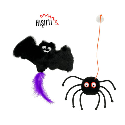 Cadılar Bayramı Temalı Kedi Oyuncak Seti | Hışırtılı Yarasa, Balkabağı Minder ve Örümcek Kedi Oltası