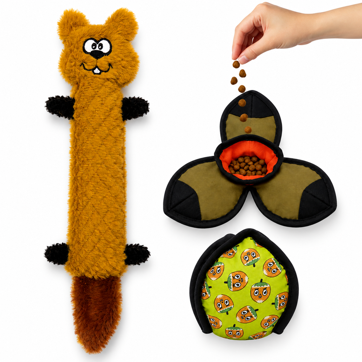 Sincap & Lotus Fındık Köpek Oyuncağı Seti – 40 cm Peluş Sincap ve Mama Saklamalı İnteraktif Kokla Bul Oyuncağı