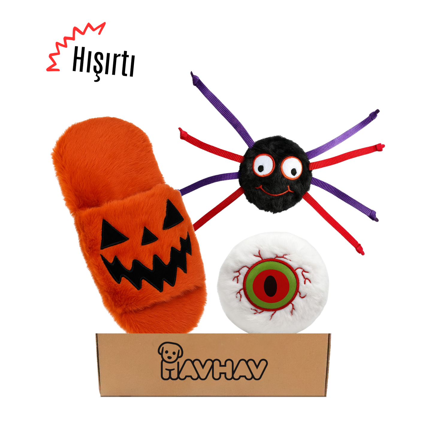 Havhav Cadılar Bayramı Temalı Köpek Oyuncak Seti | Hışırtılı Peluş Terlik, Peluş Örümcek ve Göz Oyun Topu