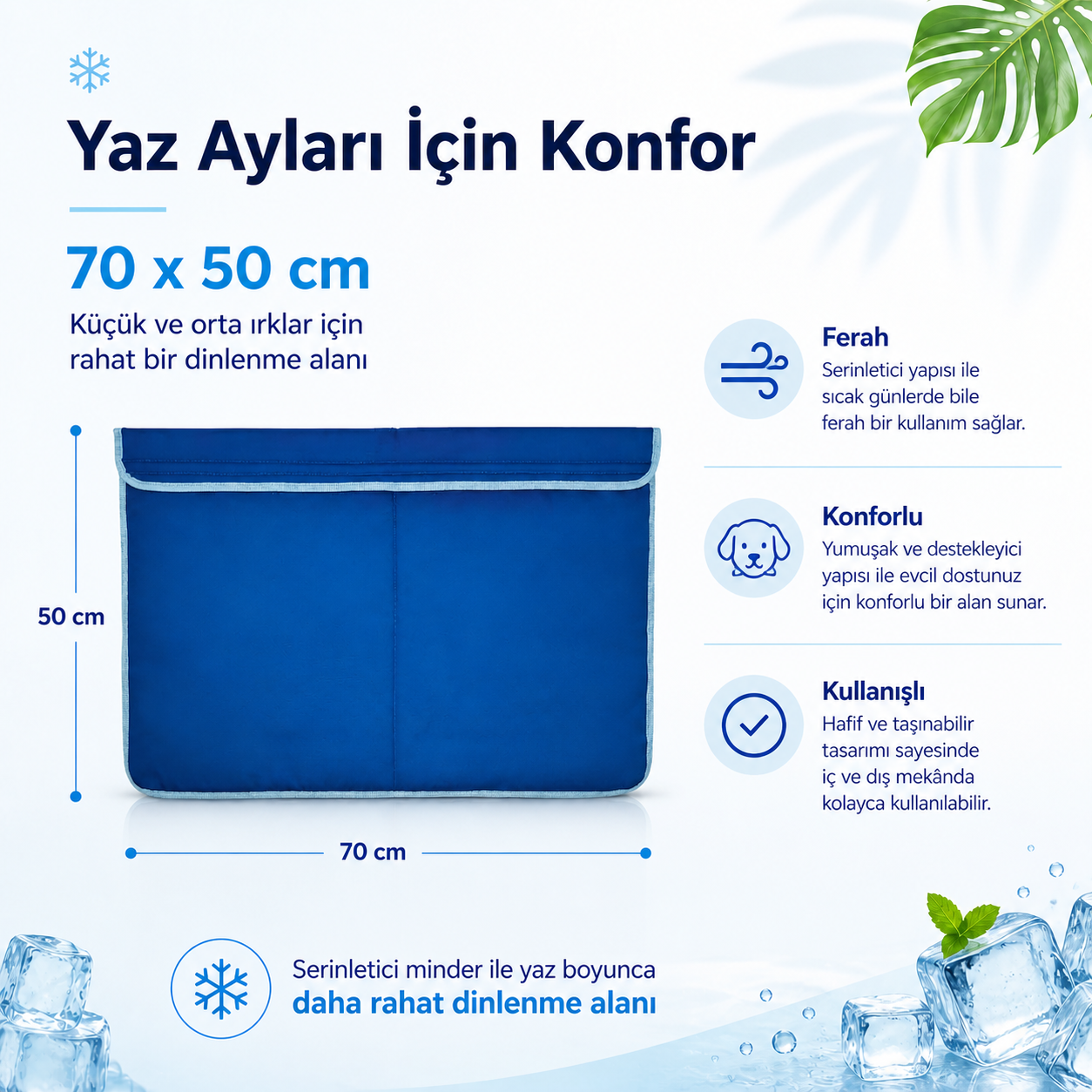 Koyu Mavi Renkli Serinletici Kedi ve Köpek Minderi – 2 Termo Jel Dahil (Farklı Boy Seçenekleri)