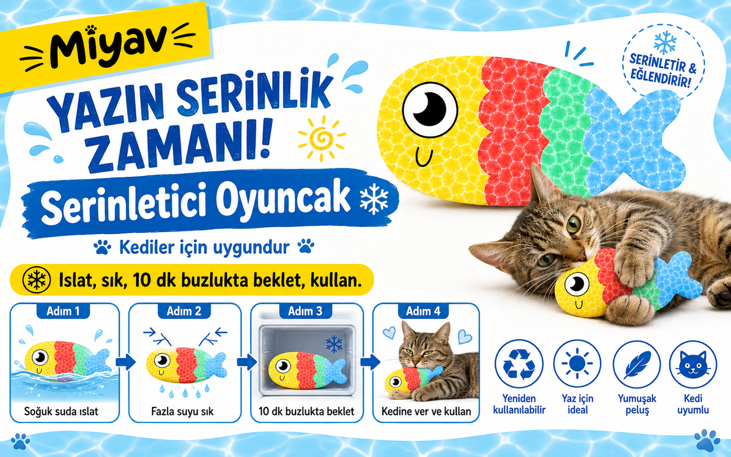 Serinletici 3’lü Kedi Oyuncak Seti – Köpek Balığı, Tüylü Istakoz ve Renkli Balık - Islat, Sık, Dondur