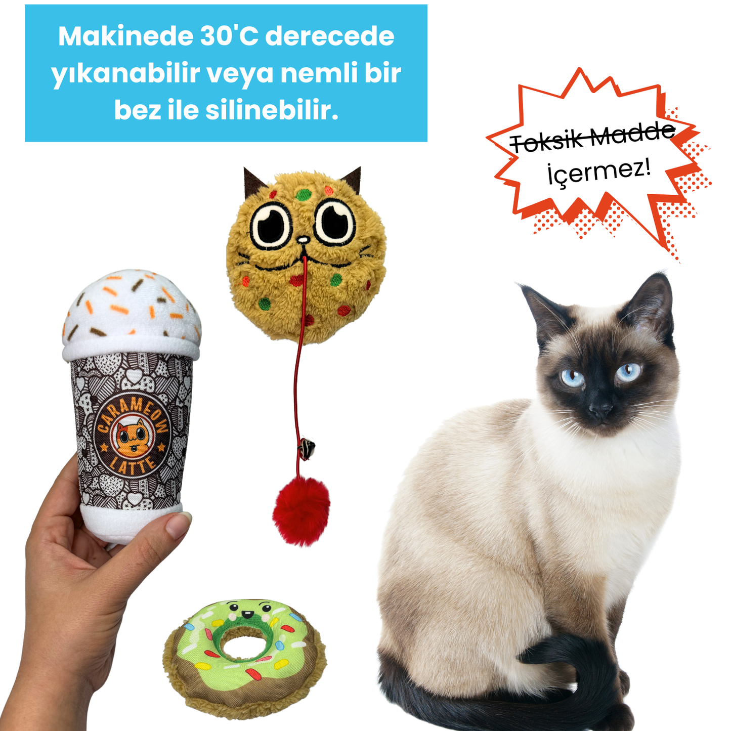 MiyavCafe 3'lü Kedi Oyuncak Seti Carameow Latte, Peluş Kurabiye ve Peluş Donut Sesli Kedi Oyuncakları