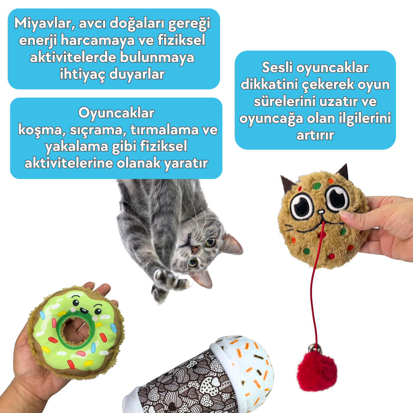 MiyavCafe 3'lü Kedi Oyuncak Seti Carameow Latte, Peluş Kurabiye ve Peluş Donut Sesli Kedi Oyuncakları