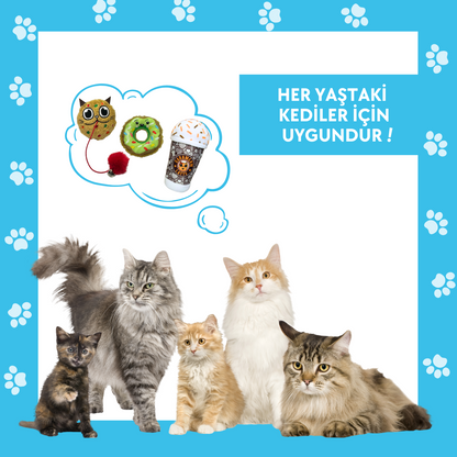 MiyavCafe 3'lü Kedi Oyuncak Seti Carameow Latte, Peluş Kurabiye ve Peluş Donut Sesli Kedi Oyuncakları