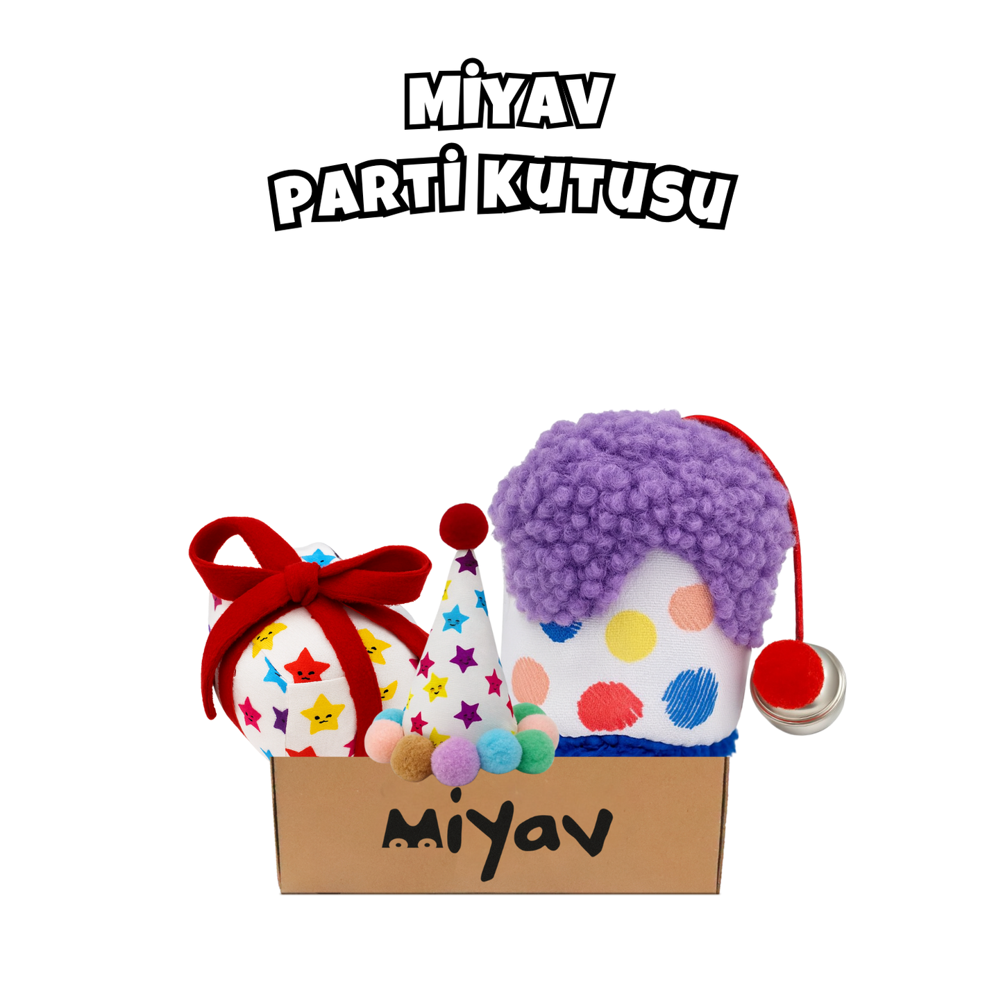 Kedi Parti Kutusu 4’lü Set | Parti Şapkası, Peluş Pasta, Peluş Hediye Kutusu ve Ödül Maması