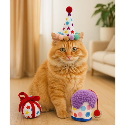 Kedi Parti Kutusu 4’lü Set | Parti Şapkası, Peluş Pasta, Peluş Hediye Kutusu ve Ödül Maması