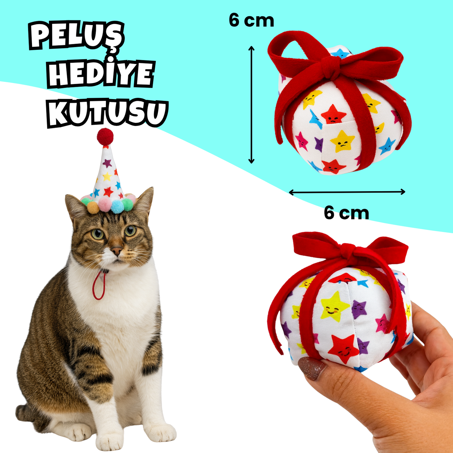 Kedi Parti Kutusu 4’lü Set | Parti Şapkası, Peluş Pasta, Peluş Hediye Kutusu ve Ödül Maması