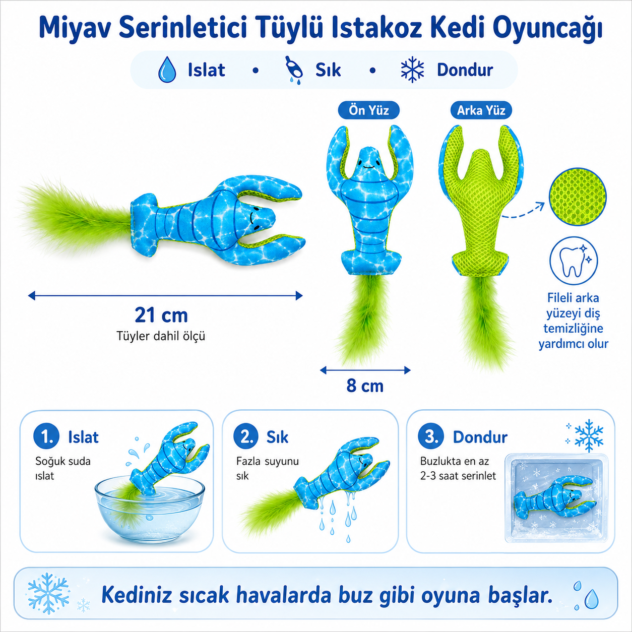 Serinletici 3’lü Kedi Oyuncak Seti – Köpek Balığı, Tüylü Istakoz ve Renkli Balık - Islat, Sık, Dondur