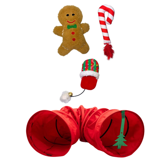 Miyav Yılbaşı Temalı Kedi Oyuncak Seti Kedi Evi, Hışırtılı Kurabiye, Ponponlu Terlik ve Çıngıraklı Baston Şeker