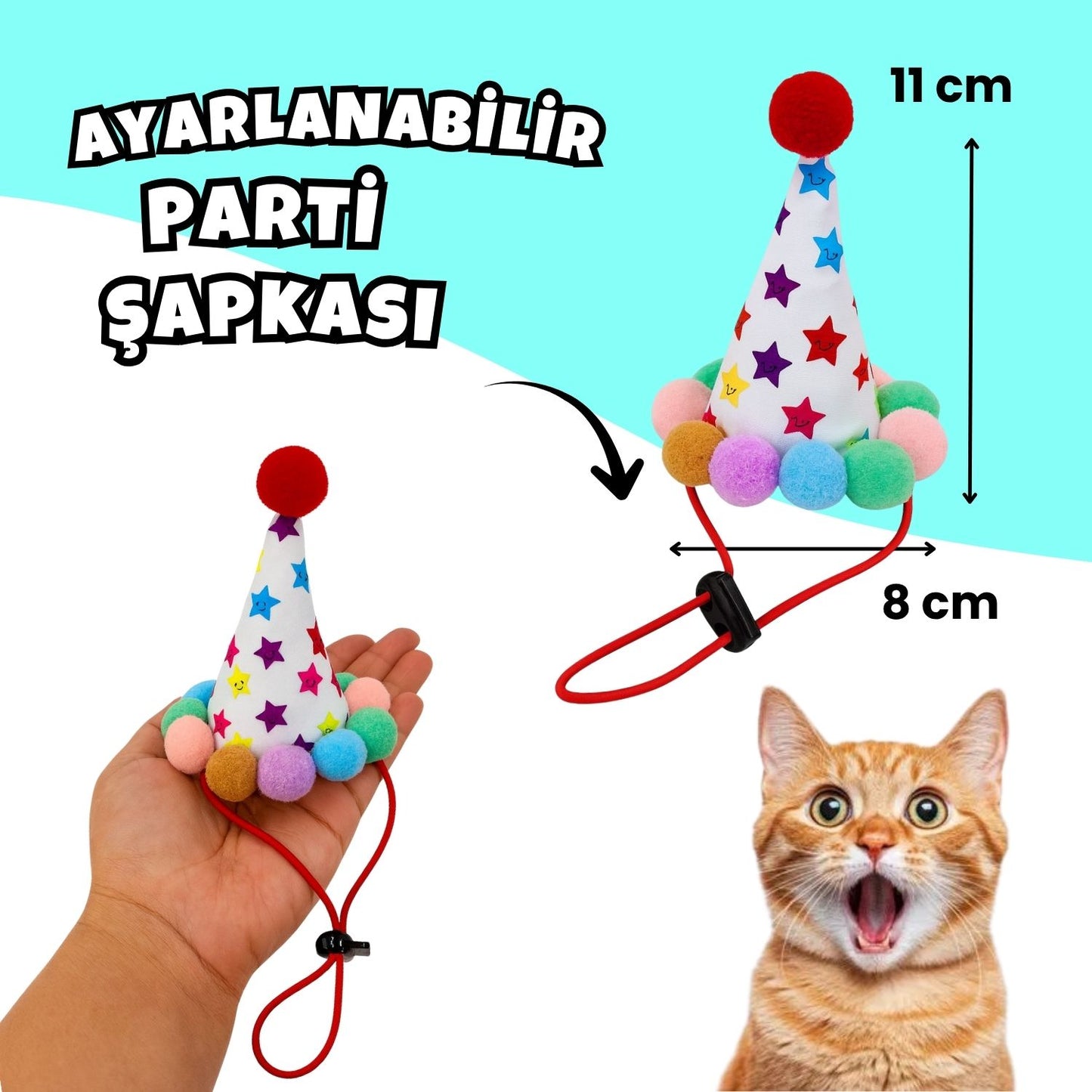Kedi Parti Kutusu 4’lü Set | Parti Şapkası, Peluş Pasta, Peluş Hediye Kutusu ve Ödül Maması