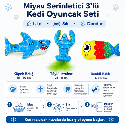 Serinletici 3’lü Kedi Oyuncak Seti – Köpek Balığı, Tüylü Istakoz ve Renkli Balık - Islat, Sık, Dondur