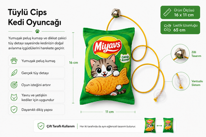 Miyavs Peluş Cips Kedi Oyuncağı Asmalı Lastilki Kedi Oyun Oltası