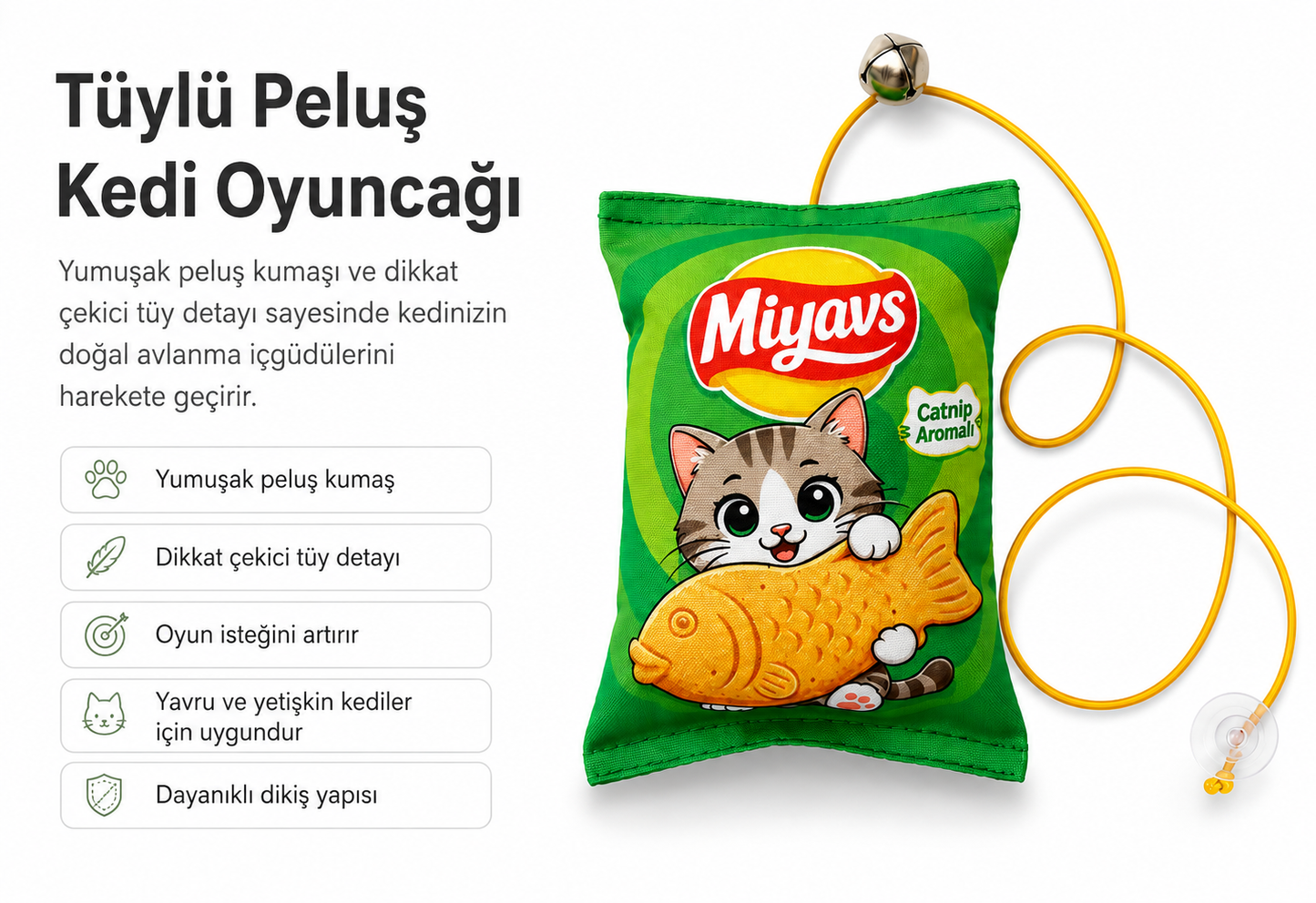 Miyavs Peluş Cips Kedi Oyuncağı Asmalı Lastilki Kedi Oyun Oltası